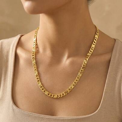 1pc Classic Minimalist 18K Gold Plated Copper Cuban Link Chain Necklace, Suitable For Women And Men, Daily Wear And Party