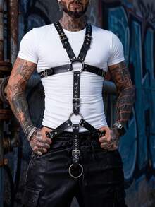 Gothic Style Faux Leather Body Harness For Men Full Chest Straps Punk Fashion Accessory For Costume And Daily Outfit - Black - View 3