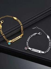 Customized 18K Gold Bracelet, Engraved ID Bracelet, Customized Birthstone & Name Bracelet, Suitable For Women, Girls, Boys - Style 16 - View 3