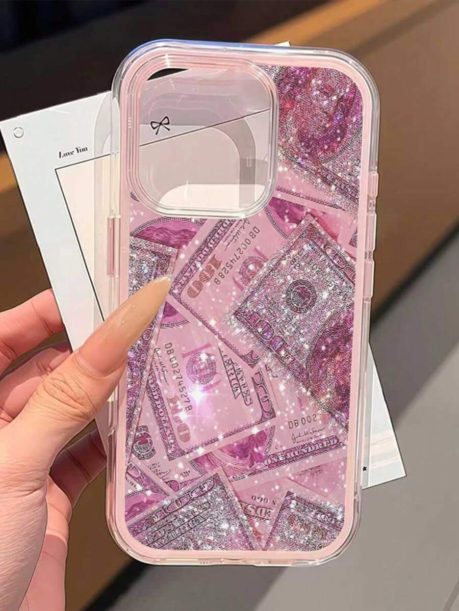 Money 1pc Pink Banknote Personalized Painted Pattern 2-In-1 Frame Transparent Full Coverage Thick Anti-Drop Fashionable Phone Protective Case Compatible With Iphone17 16 15 14 13 12 11promax/Plus, Exquisite Gift - Pink - View 1