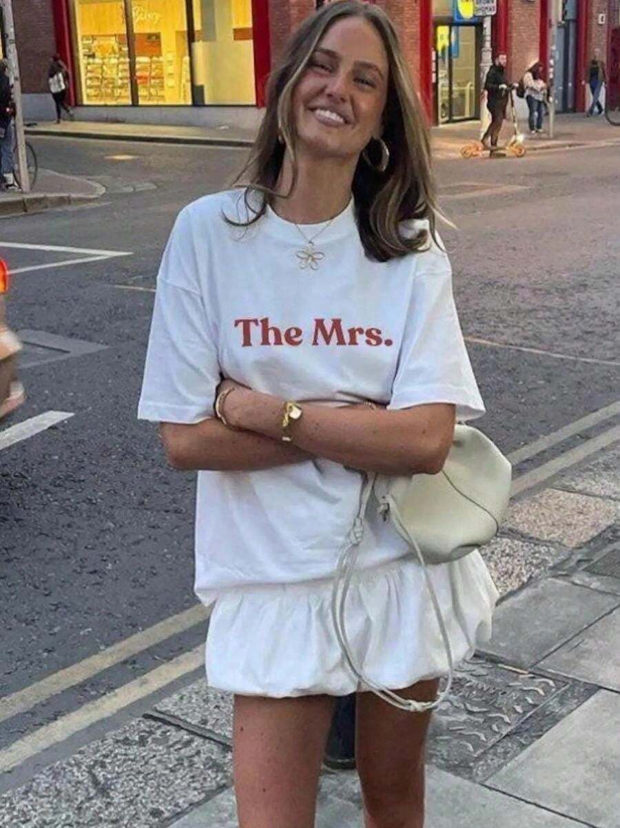 2026 New Spring Summer The MRS Printed Women Round Neck T-Shirt - Bride T-Shirt, Wedding Gift For Her, Newlywed Tee, Bridal Shower Gift, Honeymoon Top, Bachelorette Party Tee, Wife White Casual - 粉色 - 查看 1