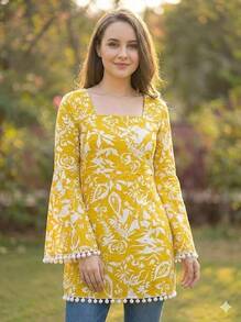 Estationeryhouse Cotton Printed Kurta Top, Long Sleeves, With White Tassels And Drawstring For Adjusting At Back - Yellow - View 6