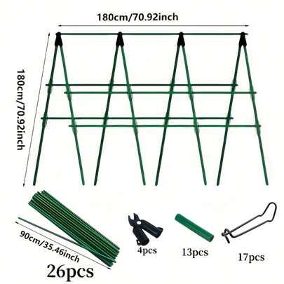 1 bộ gồm 60 chi tiết, bao gồm giàn leo cây kích thước 70,87" x 70,87", 26 cọc, 17 kẹp, 13 đầu nối, 4 chĩa chữ A, thích hợp để đỡ các loại cây leo, nho, dưa chuột, bắp cải.