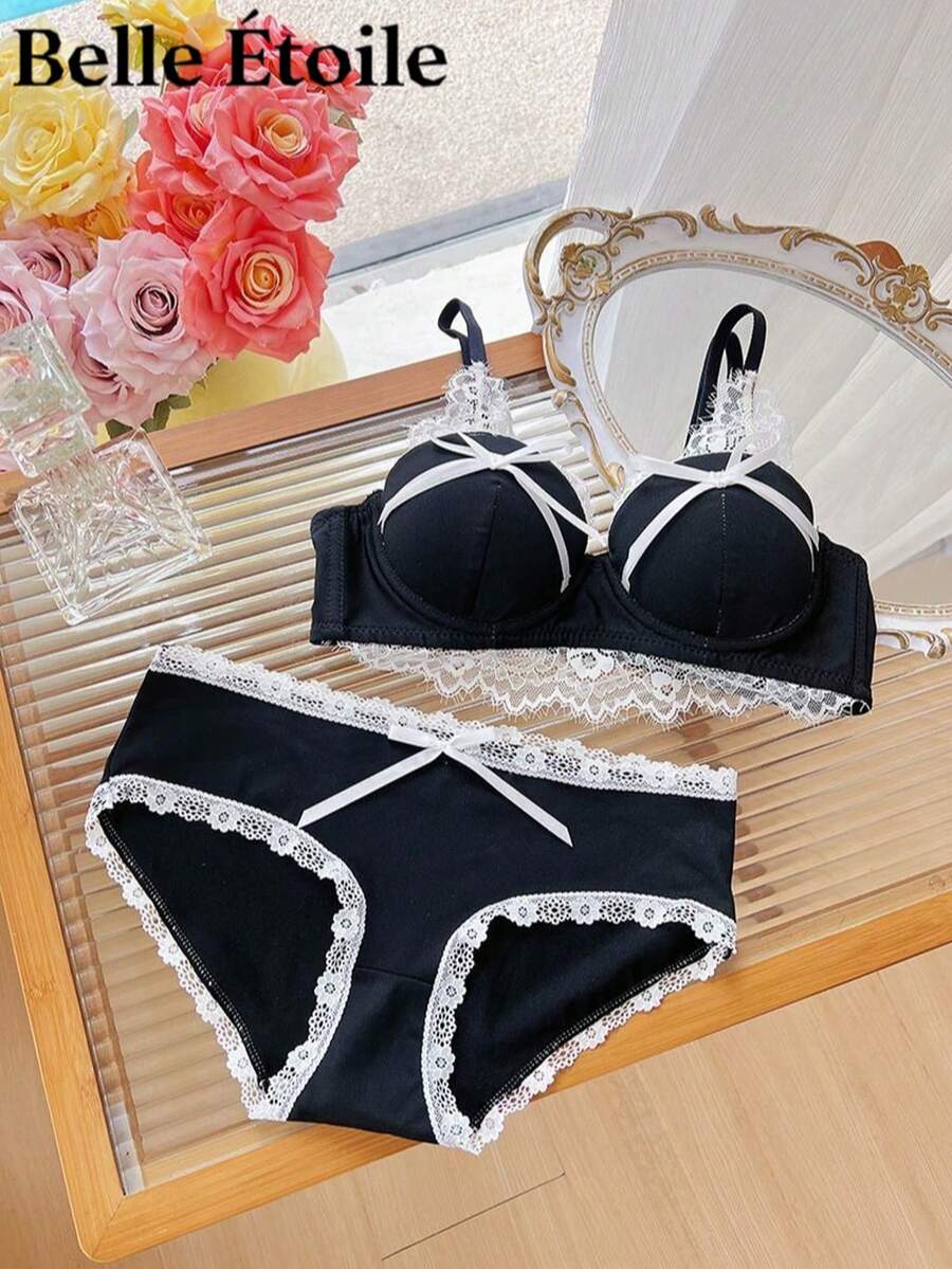 Belle Étoile 1PCS Pure And Cute Underwear Set, Women's Small Bust Gathering And Lifting Wireless Comfortable Lace Bra, Suitable For Daily Wear, Perfect For Giving To Besties, Friends, Or Lovers, The Most Sincere Gift - 黑色 - 查看 1