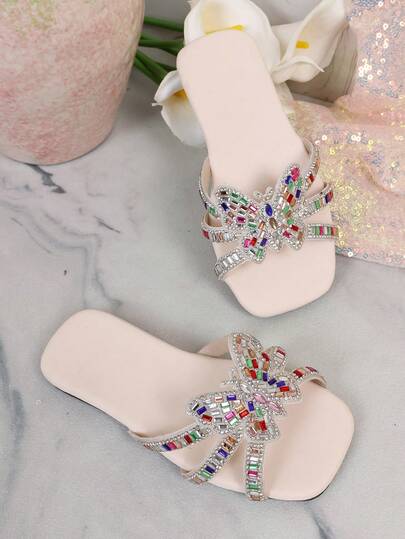 1 双女童全钻蝴蝶时尚奢华平底露趾拖鞋，轻奢风格，适合儿童日常夏季外出和聚会。