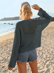Cardigã feminino casual com ombros caídos - Cinza - Ver 8