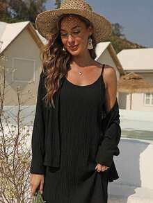 Summer French-Style Elegant Slip Dress With Cardigan Two-Piece Set, Slimming And Flattering Vest Dress - Black - View 6