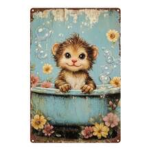 2D Flat, 1pc, Metal Sign, Cute Kitten Bathing Cartoon Illustration Tinplate Painting Decorative Wall Art For Bedroom, Durable Metal Plaque, Suitable For Bars, Bedrooms, Restaurants, Kitchens, And Home Decor - 8x12 Inches (20x30cm), 2D Flat - 白色 - 查看 1