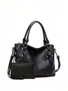 Simple Fashion Buckle Detail Shoulder Tote Bag Purse Set, Eye-Catching Work Bags For Women - Black - View 2