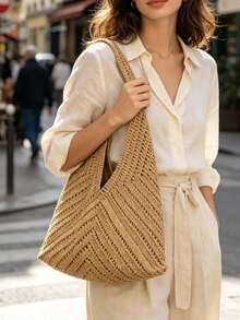 And Stylish Casual Crocheted Shoulder Bag, Simple And Large-Capacity Commuter Tote Bag, Beach Bag,Suitable For Vacations And Beaches. - Khaki - View 3