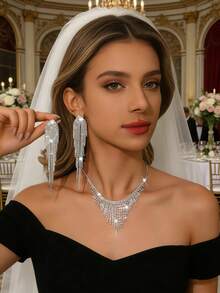 Elegant Silver-Plated Copper Earrings And Necklace Set, Inlaid With Rhinestones, Designed For Women's Party And Formal Wear,Summer,Jewellery - Silver - View 5