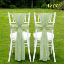 12pcs/Set Wedding Satin Ribbon & Tulle Chair Sash Decor, 20*275cm DIY Bow Knot Celebration Decoration, Solid Color Reusable Washable Outdoor Anniversary Event Supplies, Rectangular - Green - View 12