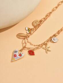 1pc Elegant Alloy Pendant Necklace With Colorful Heart, Rainbow, Starfish Elements, Fashionable Necklace Jewelry For Women, Suitable For Daily Wear, Parties, Music Festivals - Multicolor - View 3