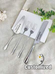 1-2pcs Custom Personalized Wedding Cake Cutting Set With Forks For Bridal Shower.Engraved Cake Cutter Serving Set.Cake Server Knife Set Stylish, Adorable, Colorful Custom, Personalized, Unique Ideal Gifts For Her Friends, Workers - Multicolor - View 1