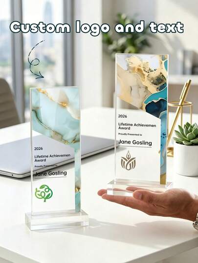 1pc Personalized Marble Pattern Acrylic Trophy, Custom Logo And Text Rectangular Award, Appreciation Gift For Staff, Team, Retirement,Elegant Marble Design Award For Corporate, Graduation, Competition