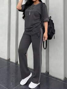 女士春秋季圆领短袖T恤和松紧腰宽松长裤两件套，休闲日常夏季穿着 - 深灰色23 - 查看 4