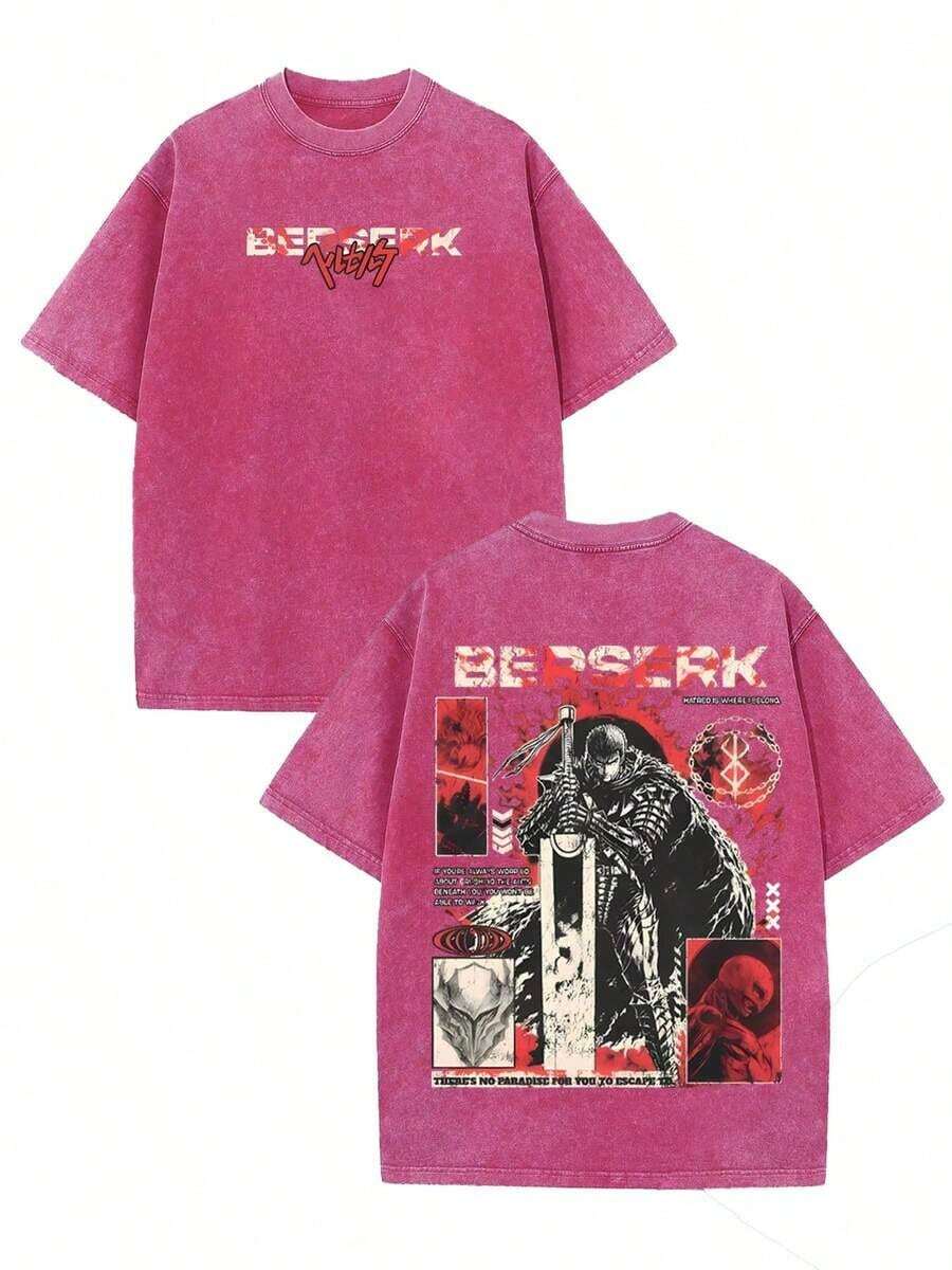 Anime Graphic Tees Men, Berserker Pattern From Popular Japanese Anime Retro Street Style Washed T Shirt, 230G Cotton Versatile Everyday Wear For Streetwear Enthusiast, Independence Day Anime Tee,   For Men - 亮粉紅色 - 查看 1