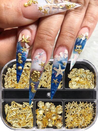 6 Grids Summer Sea Shell Charms Starfish Nail Art Decoration Gold Rivets Shell Conch Metal Nails Parts DIY Mixed Coconut Tree Design Manicure Studs Accessories