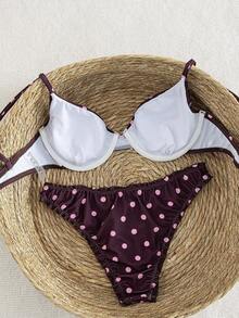 Sexy & Sweet Retro Polka Dot Bikini 2-Piece Set, Bowknot Camisole Top + Ruffle Trim Swim Bottoms, Essential Beach Holiday Swimwear Vacation Summer - Purple - View 4