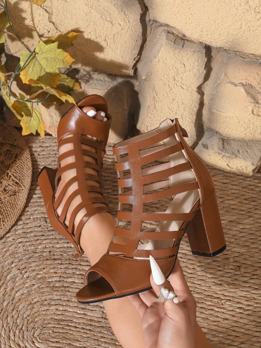 Women's Fashion Sexy High Heel Camel Color Ankle Boots, Spring/Summer New Versatile Backzip Hollow Sandals Round Toe Open Toe High Heel Roman Sandals Casual Holiday Party Outdoor Comfortable Plus Size Chunky Heel Short Boots High Heel Sandals