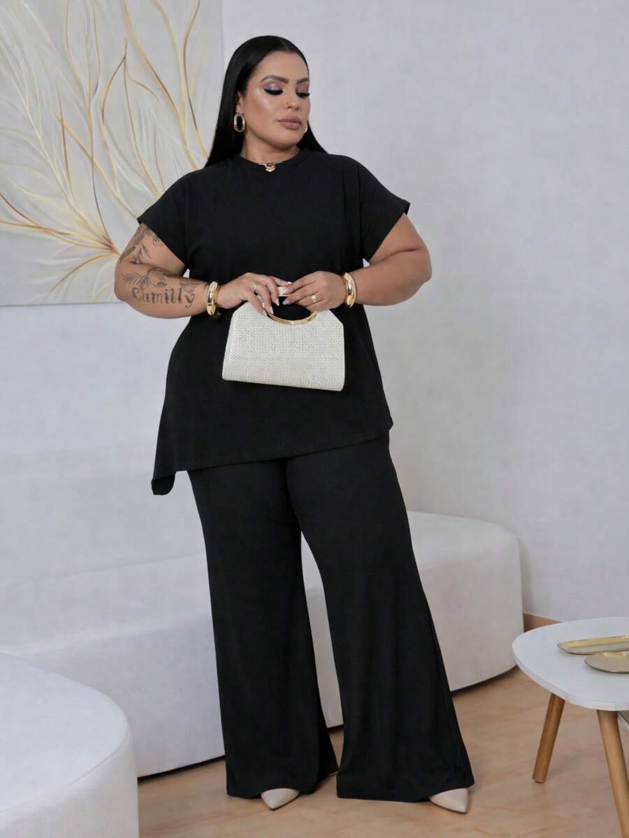 Conjunto Feminino Plus Size Elegante Assimétrico Tecido Anarruga Premium Canelado Manga Curta Calça Pantalona Look Moderno
