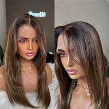 Schwarzbraun mit blonden Highlights lange Lace Front Perücke, farblich gemischtes Haar 13x4 Lace Frontal Perücken, lockige Welle, transparenter vorausgerupfter temperaturbeständiger synthetischer Faserstoff, natürliches Aussehen, Halloween Kostüm, täglicher Gebrauch, Perücke ohne Klebstoff - Verschiedenfarbig - Übersicht 7