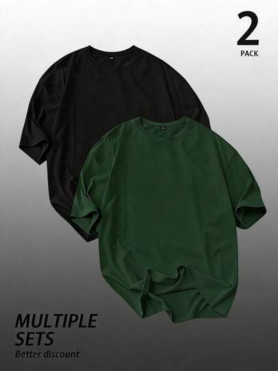 2 piezas Camiseta de manga corta de cuello redondo casual y holgada para hombre, unicolor 100% algodón básica, talla grande