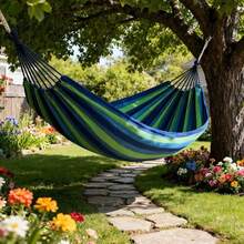 Heavy Duty Woven Rope Hammock, Sturdy Anti-Tipping Design, Suitable For Adults And Children Outdoor Leisure Use, Beautiful Blue-Green Striped, Soft Texture, Perfect For Backyard Napping, Vacation Atmosphere, Outdoor Furniture, Holiday Essential, Gardening, Sensory, Camping Gear - Multicolor - View 13