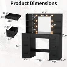 43.3 In. W X 17.7 In. D X 51.4 In. H Makeup Vanity Desk With LED Lighted Mirror & Charging Station, 7 Drawers Dressing Table With Open Shelves & Hair Dryer Holder, 3 Color Lighting Modes - Black - View 4