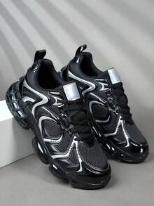 新款男士运动鞋，时尚系带运动鞋，个性化黑色街头休闲鞋，舒适透气气垫鞋 - 黑色 - 查看 5