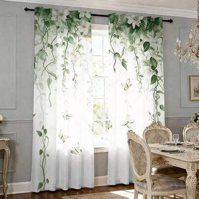 2pcs Green Vine Leaf Pattern Semi-Blackout Curtains, No Drilling Rod Design, Rod Pocket Hanging, Fresh Spring Decor For Living Room, Kitchen, Home Decoration, Polyester Fabric, Machine Washable