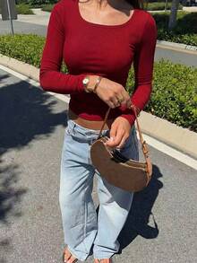 Casual Long Sleeve Crew Neck T-Shirt, American Classic Slim Fit Versatile Top Spring - Burgundy - View 5