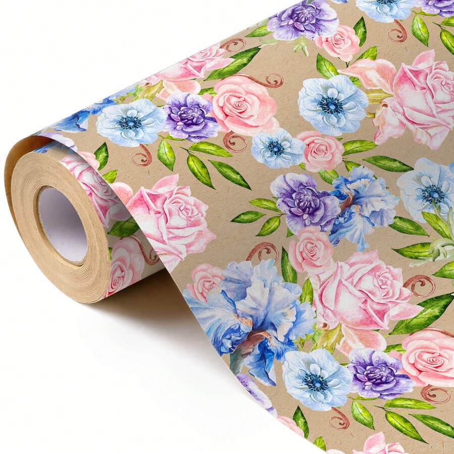 43cm*10m 80gsm Thickened Floral Patterned Kraft Paper Roll, Suitable For Birthday Gifts, Bachelorette Parties, Gift Wrapping - Pink + Purple + Blue - 10m - View 1