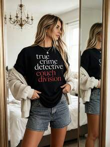 True Crime Detective Couch Division T Shirt Black Tee With Crime Show Lettering, Casual Short Sleeve Crew Neck Top, Machine Washable For All Season For - màu đen - Xem 2