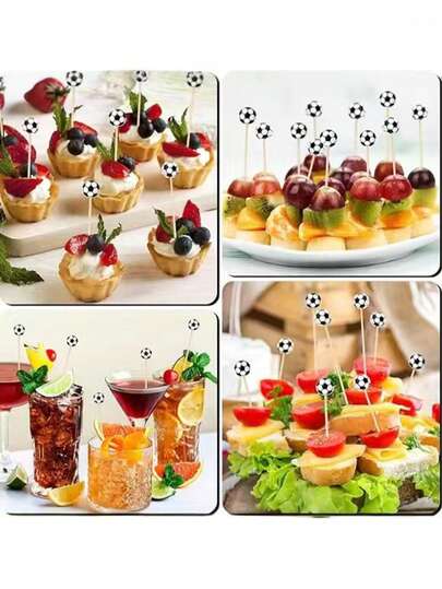 10 que xiên trái cây hình quả bóng đá, que xiên cocktail hình quả bóng đá, thích hợp dùng cho món khai vị, que xiên tre dài, tăm trang trí, thích hợp cho trang trí tiệc sinh nhật và ngày lễ (hình quả bóng đá 3D)