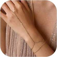 Hand Chain 18K Gold Plated Stainless Steel Non Tarnish Link With Finger Ring Bracelet Stacks Christmas Gifts Waterproof Jewelry Handchain  Bracelets For Women - 雙層鍍金 - 查看 8