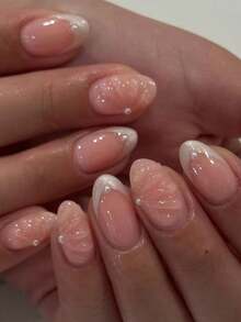 24pcs Short Oval 3D Gel Nail Stickers, Create Faux Pearl Flower Nail Art, French Acrylic Press-On Nails, Short Size Perfectly Fit False Nails Set, Includes: 1pc Jelly Gel And 1pc Nail File, Easy To Wear, French Nail Stickers Suitable For Women And Girls For Daily, Party And Other Occasions Nail Supplies - 彩色 - 查看 8