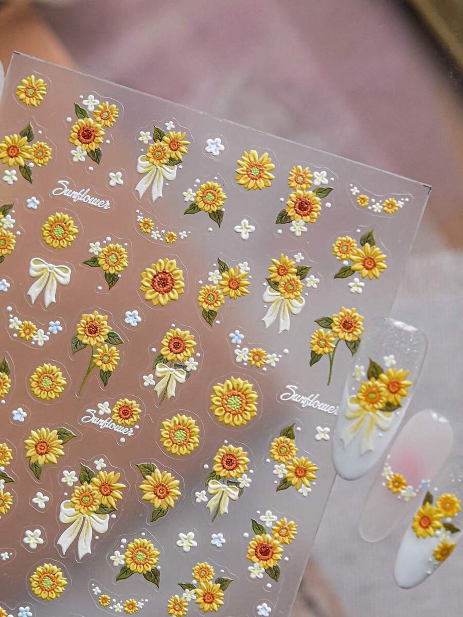 1pc 3D Sunflower Nail Sticker, Cute Bow Flower Embossed Nail Art Decals, DIY Nail Decoration Accessories Nail Stickers - Multicolor - View 1