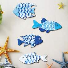 2D Printed Fish School Wooden Wall Art Decor, Suitable For Bathroom, Bedroom, Living Room - 4pcs - View 5