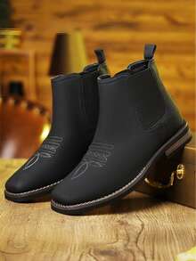 Men's Western Embroidered Chelsea Ankle Boots, Elastic Side Panels Square Toe Faux Leather Non-Slip Wear-Resistant Sole Casual Business Dress Boots For Office Work Daily Commute Fall Winter Wear - Deep Black - View 3