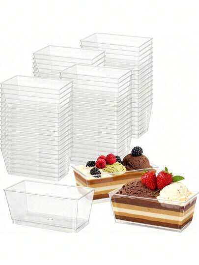 1-30 adet/set 150 ml Yeniden Kullanılabilir Plastik Tatlı Bardakları, Kaşık ve Kapaklı, Dikdörtgen Plastik Tatlı Kaseleri, Mini Tabaklar, Kek Kalıpları, Tatlılar, Puding, Mus, Piknikler, Partiler İçin Uygundur