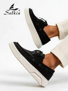 Salkin 男士设计师德比鞋，系带设计，柔软仿麂皮皮革，时尚平价，品牌质感，舒适圆头乐福鞋，优雅绅士运动鞋，纯色防滑耐磨厚底，休闲日常穿着，情侣装，派对，节日礼物，春夏秋季皆宜，尺码偏小，建议选购大一码。 - 黑色 - 查看 6