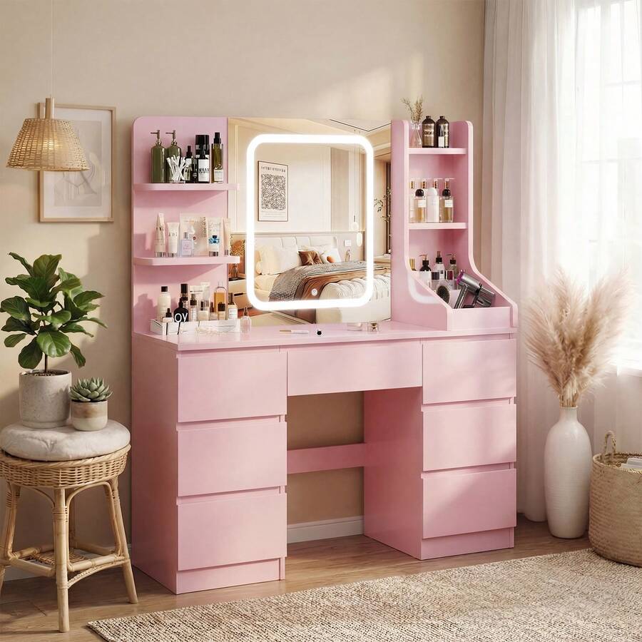 Devoko Vanity Unit With LED Lighting, 3-Stage Brightness Control, Vanity Unit With Adjustable Mirror, 7 Drawers And Open Shelves, Modern Wooden Dressing Table For The Bedroom, Stylish Contemporary Design, Stepless Dimming, White/Pink/Black - 查看 1