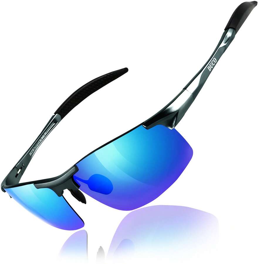 DUCO Mens Sports Polarized Sunglasses UV Protection Sunglasses For Men 8177s - Khung màu xám kim loại với lớp phim màu xanh lam. - Xem 1