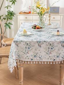1pc Spring/Summer Fresh Sage Green Floral & Bamboo Tassel Tablecloth, Farmhouse Style Rectangular Dining Table Cover, Washable For Home Kitchen, Dinner Party, Picnic, Date, Wedding, Theme Party, Indoor/Outdoor Use - Sage Green - View 20