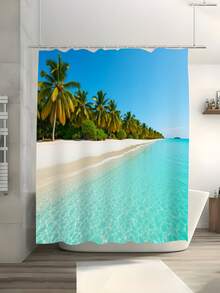 Juego de cortina de ducha de 1/4 piezas con plantas tropicales y gatos, conjunto de baño con estampado botánico verde y gatitos, incluye alfombra antideslizante, tapa de inodoro y 12 ganchos, decoración para amantes de la naturaleza y mascotas - Playa y palmeral - Ver 11