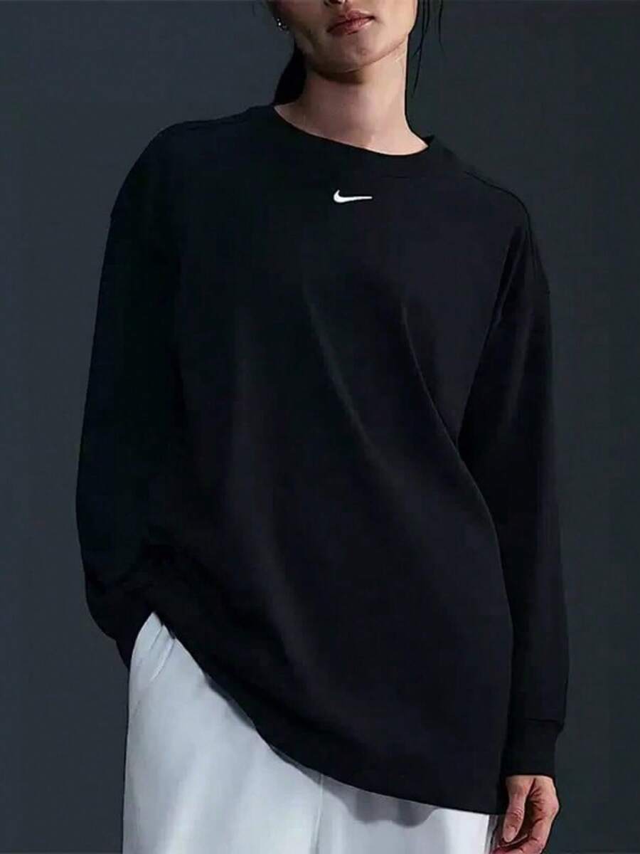 Nike 新款女子圓領透氣寬鬆運動休閒長袖T卹 - 黑色 - 查看 1