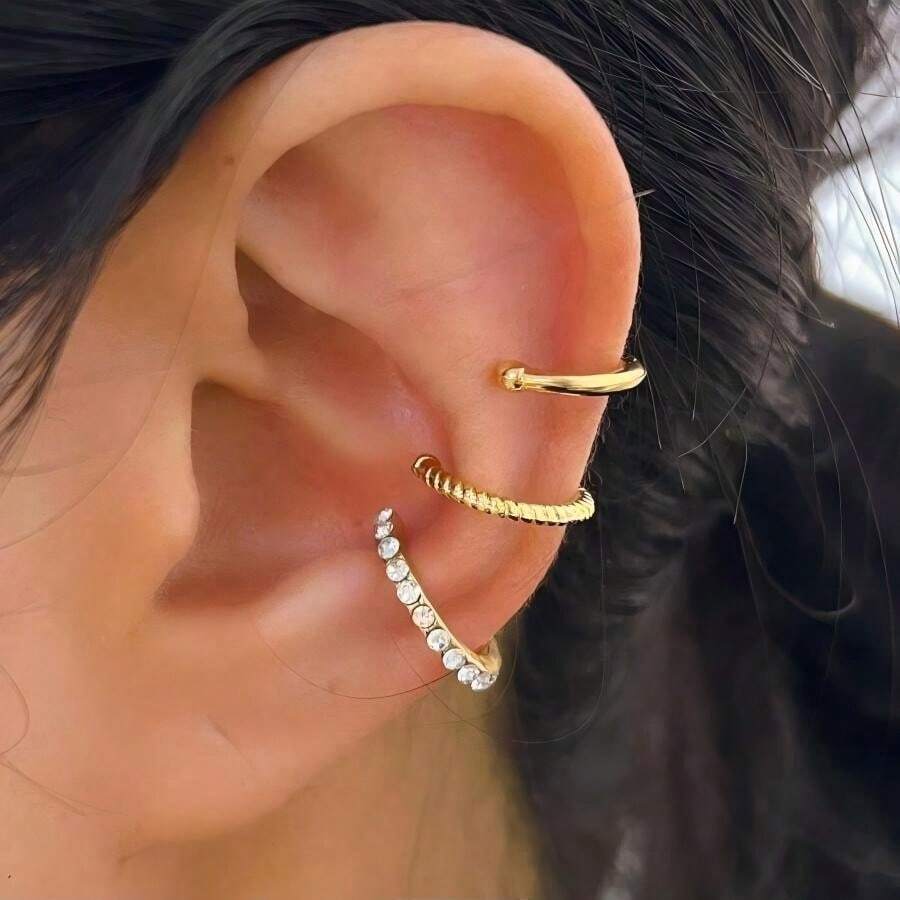 Set de 3 piezas de pendientes de oreja con cristales de imitación dorados vintage elegantes (para mujeres) - Dorado - Ver 1