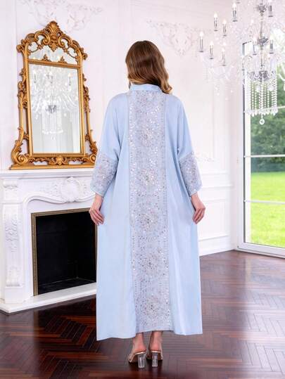 Embroidered Colorful Beaded Elegant Arabic Style Dress, JALABIA V-Neck Blue Dress, New Arrival Fashion Resort Robe, 2026 New Style Ramadan Traditional