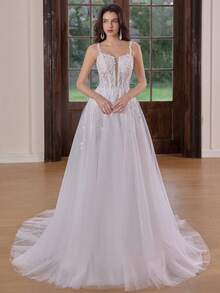 Elegante vestido de gala largo, vestido de novia con mangas largas, cuello redondo, tela de malla, aplicaciones y bordados florales, vestido de novia romántico con cierre de cremallera para primavera - Beis - Ver 3